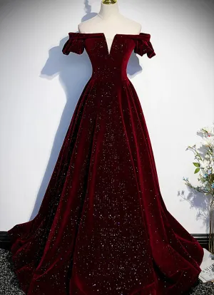 Wine Red Velvet Off Shoulder Long Formal Evening Gown, Wine Red Prom Dresses