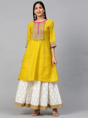 Women'S Mustard & White Gotta Patti Striped Kurta With Block Printed Skirt