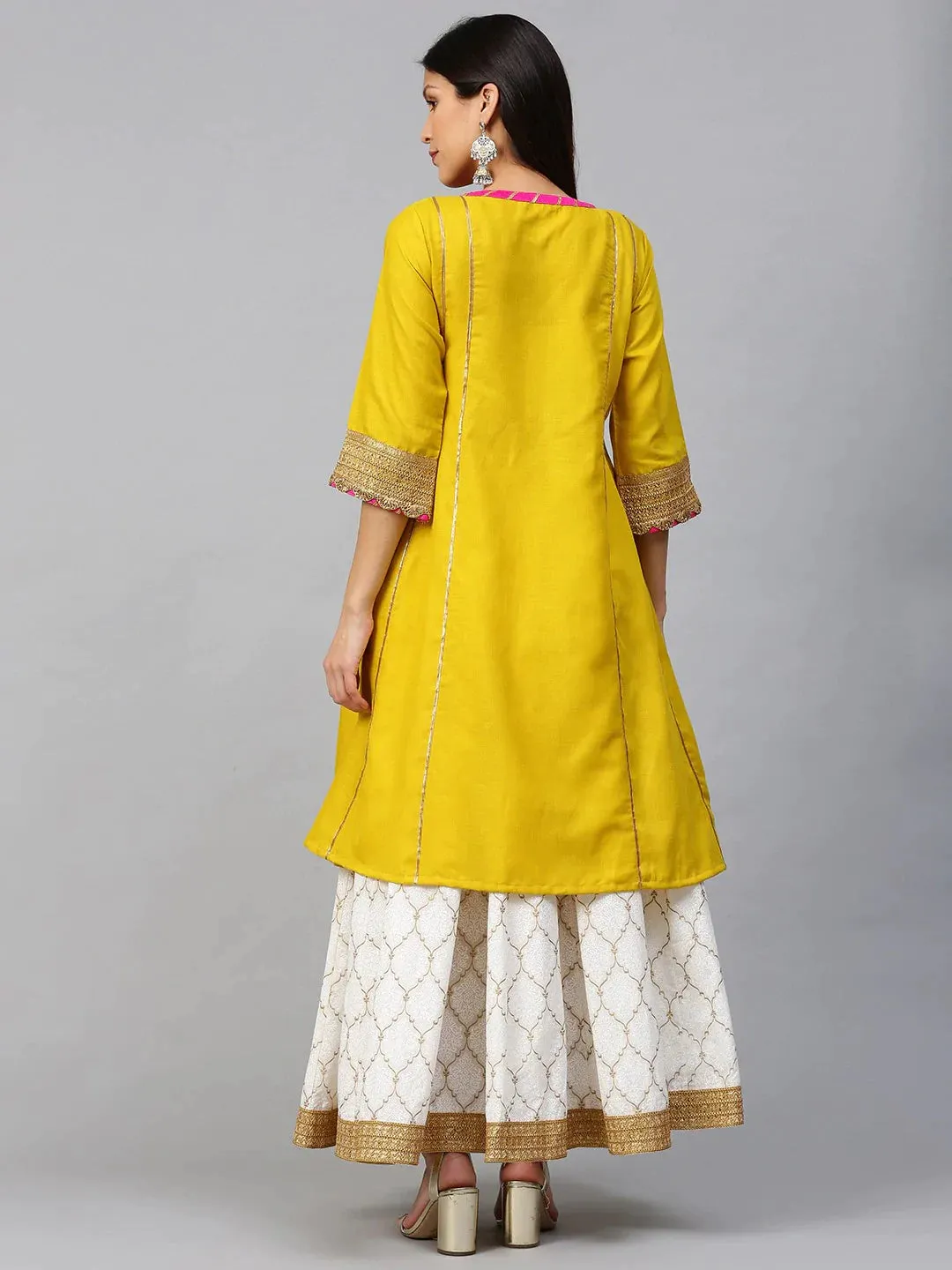 Women'S Mustard & White Gotta Patti Striped Kurta With Block Printed Skirt