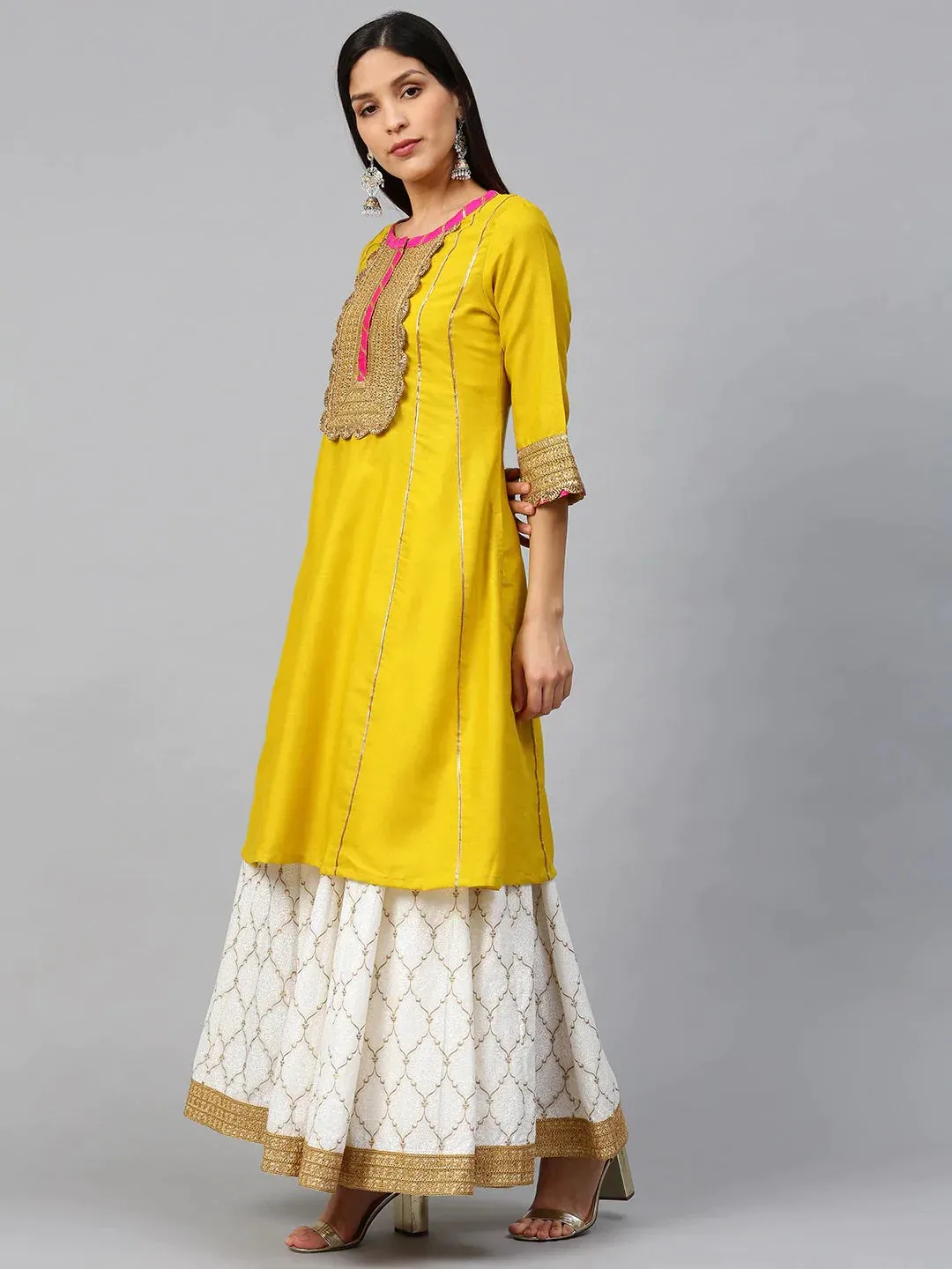 Women'S Mustard & White Gotta Patti Striped Kurta With Block Printed Skirt