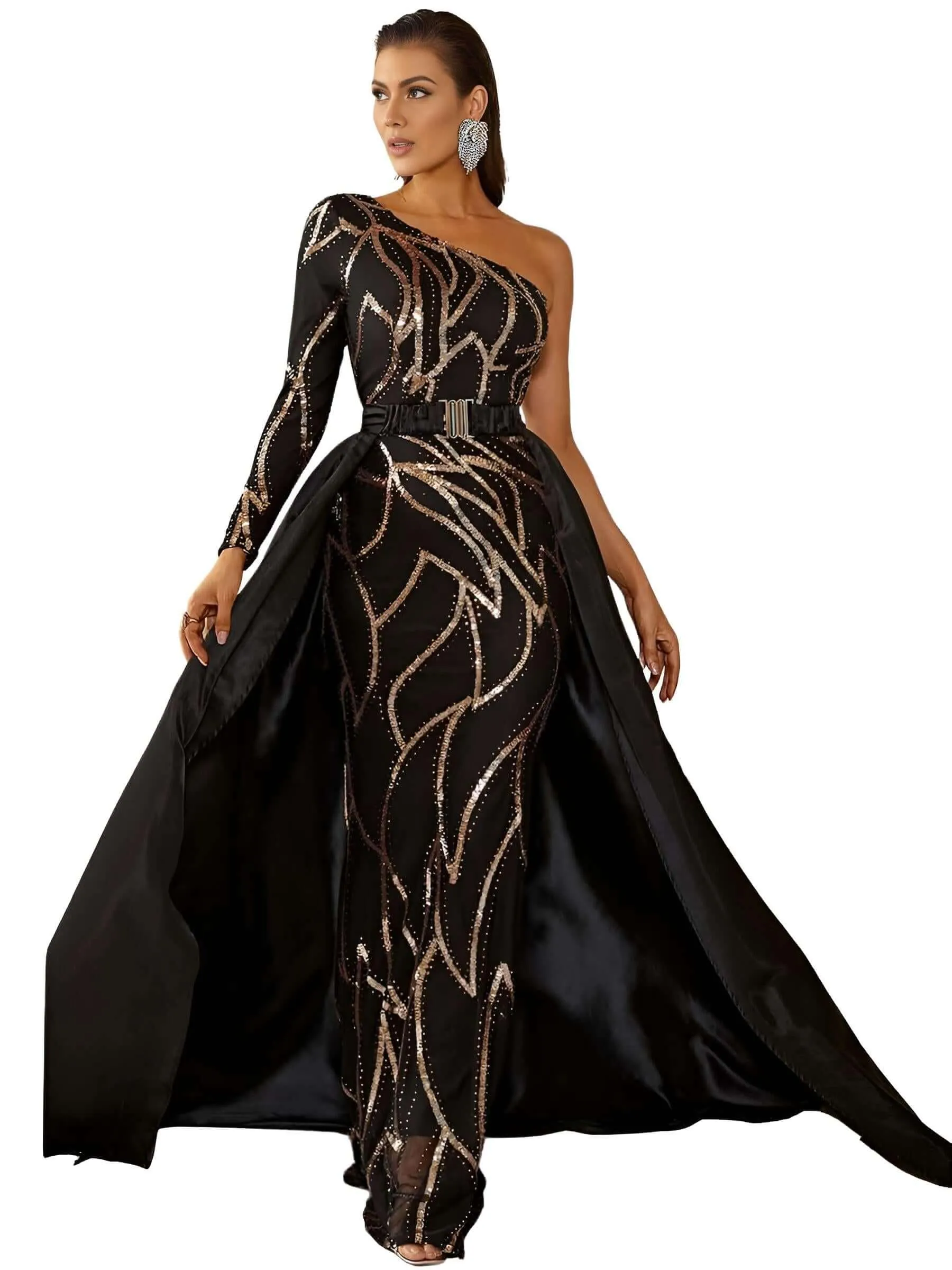 Women's One Shoulder Mermaid Black & Gold Formal Dress - NEW Colors!