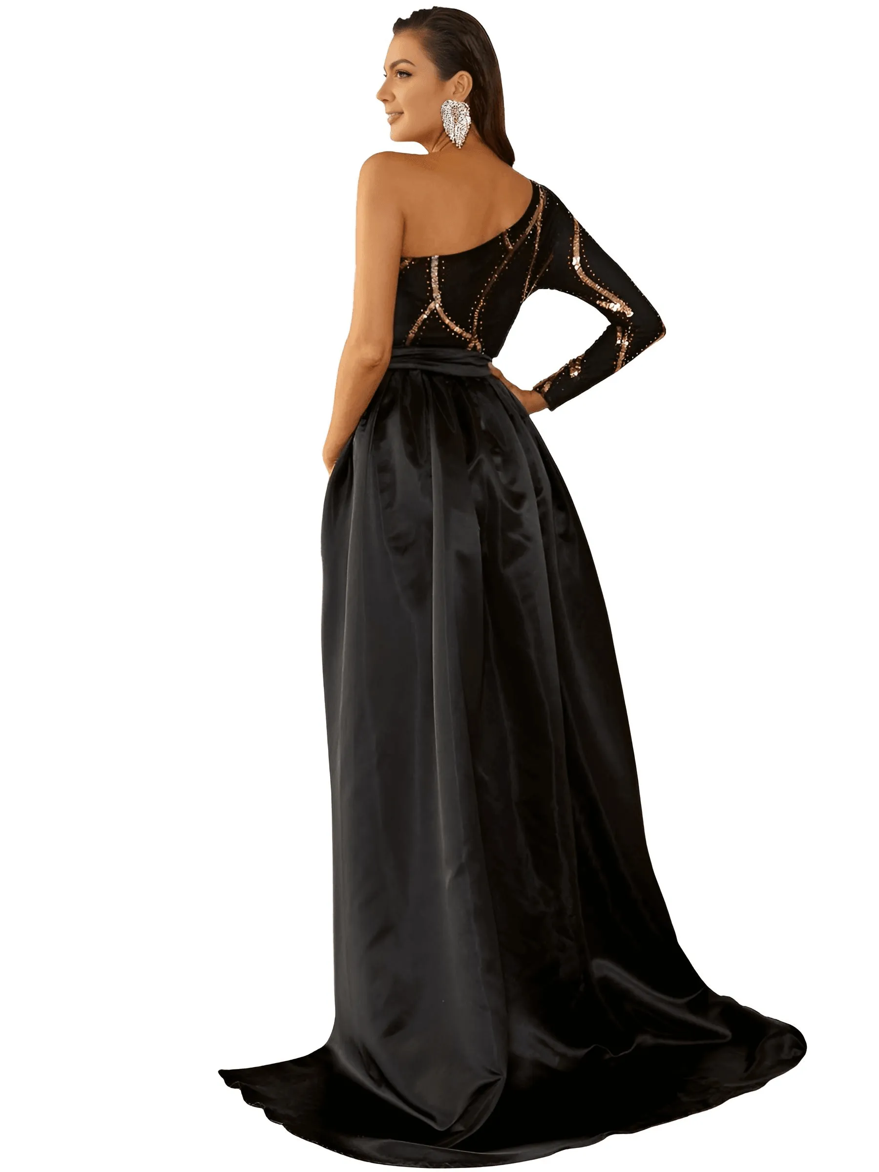 Women's One Shoulder Mermaid Black & Gold Formal Dress - NEW Colors!